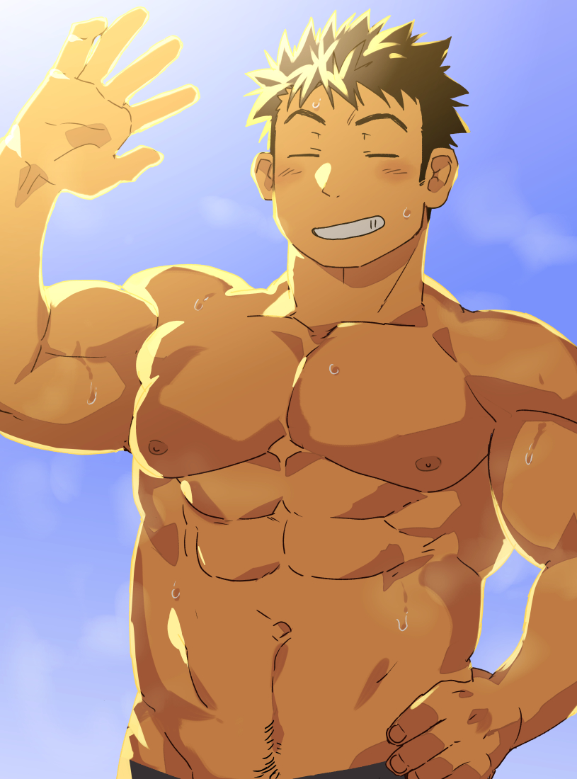 1boy abs bara blush brown_hair chest closed_eyes gradient gradient_background hand_on_hip male_focus muscle navel nipples open_mouth original pants pectorals see-through shirtless short_hair solo st05254 sunlight sweat toned toned_male upper_body waving