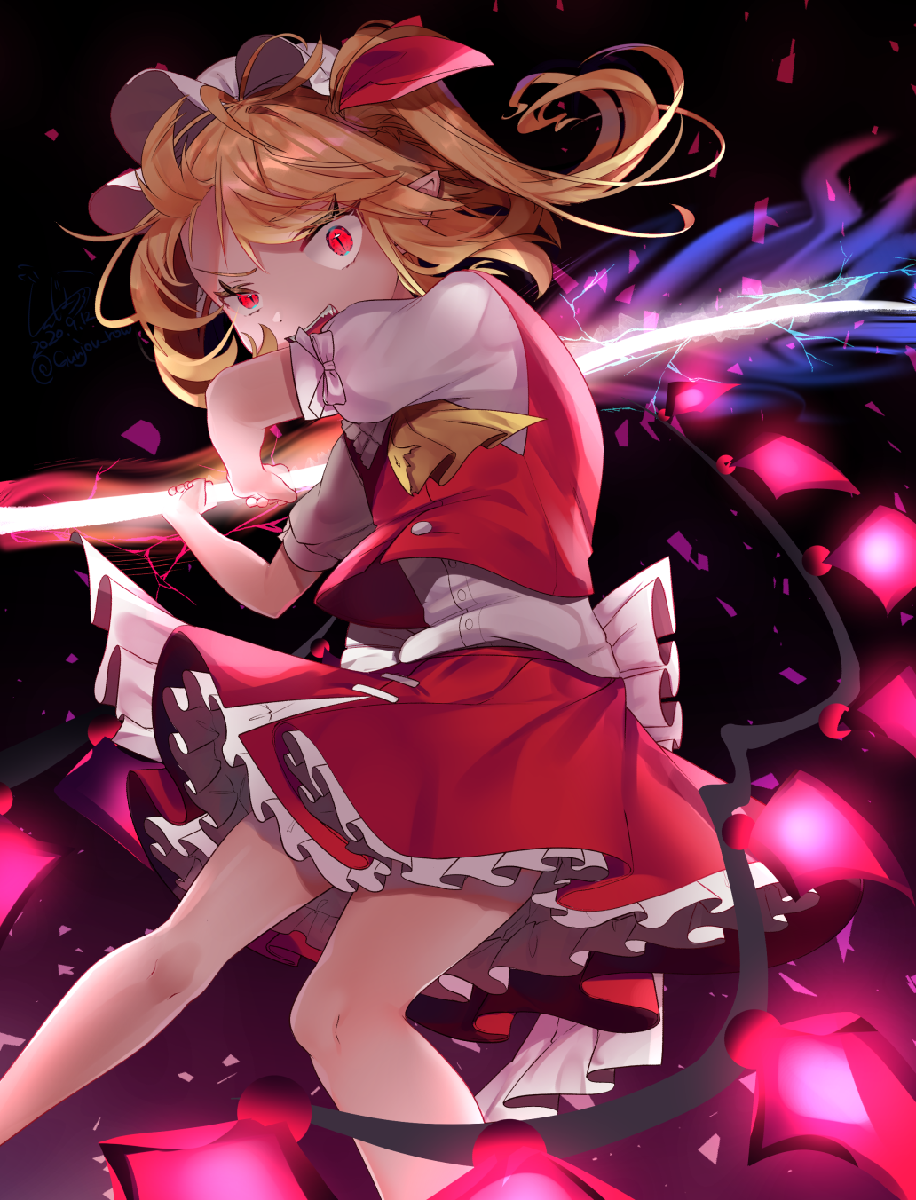 1girl arms_up black_background blonde_hair commentary_request cravat energy_sword fang feet_out_of_frame flandre_scarlet gradient gradient_background gunjou_row hat hat_ribbon highres laevatein looking_at_viewer mob_cap one_side_up open_mouth petticoat pointy_ears puffy_short_sleeves puffy_sleeves purple_background red_eyes red_skirt red_vest ribbon shards shirt short_hair short_sleeves skirt slit_pupils solo standing sword touhou uneven_eyes upper_teeth vest weapon white_headwear white_shirt wings yellow_neckwear