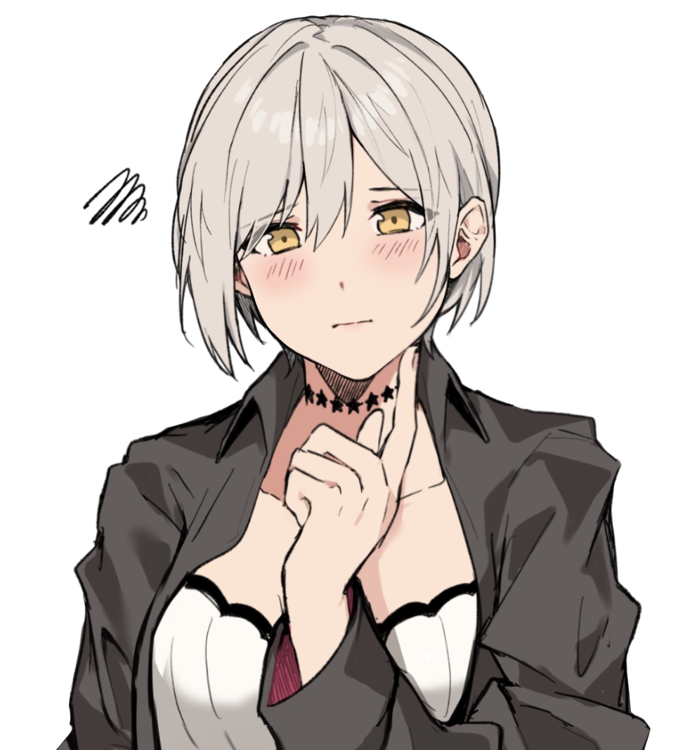 1girl aogisa ballista_(girls_frontline) black_jacket blush breasts choker closed_mouth eyebrows_visible_through_hair girls_frontline grey_hair hand_up jacket looking_at_viewer sad short_hair solo star_(symbol) star_choker white_background yellow_eyes