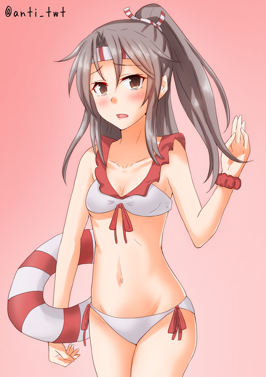 1girl anti_(untea9) bikini breasts brown_eyes commentary_request frilled_bikini frills gradient gradient_background grey_hair groin headband high_ponytail highres innertube kantai_collection long_hair looking_at_viewer muneate red_background scrunchie side-tie_bikini small_breasts solo swimsuit twitter_username white_bikini wrist_scrunchie zuihou_(kantai_collection)