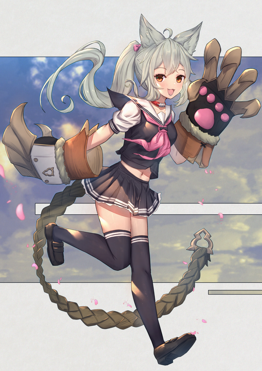 1girl :d ahoge animal_ear_fluff animal_ears bangs black_footwear black_legwear black_serafuku black_shirt black_skirt blush bow brown_eyes claw_(weapon) commentary_request erune eyebrows_visible_through_hair fangs floating_hair full_body granblue_fantasy grey_hair hair_bow highres loafers long_hair looking_at_viewer midriff_peek navel neckerchief open_mouth pink_bow pink_neckwear pleated_skirt ponytail sailor_collar school_uniform sen_(granblue_fantasy) serafuku shirt shoes short_sleeves skirt smile solo standing standing_on_one_leg thigh-highs uneg very_long_hair weapon white_sailor_collar