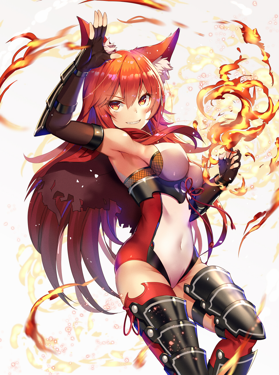 1girl animal_ear_fluff animal_ears arm_up armpits black_gloves blush breasts clenched_teeth commentary_request copyright_request covered_navel elbow_gloves eyebrows_visible_through_hair fingerless_gloves fire gloves highres looking_at_viewer medium_breasts red_eyes redhead renka_(renkas) smile solo teeth
