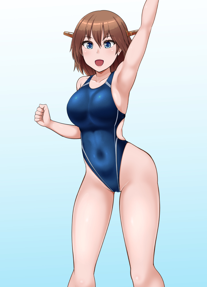 1girl blue_eyes blue_swimsuit brown_hair commentary_request competition_swimsuit feet_out_of_frame flipped_hair green_background headgear hiei_(kantai_collection) highleg highleg_swimsuit kantai_collection nikku_(nzaf5832) one-piece_swimsuit short_hair solo standing swimsuit