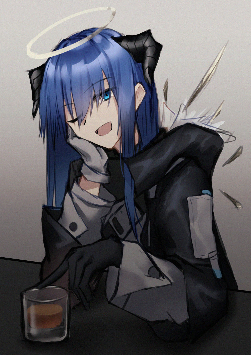 1girl ;d arknights black_gloves black_jacket blue_eyes blue_hair cup drinking_glass gloves grey_background grey_gloves halo highres horns jacket lodbyy long_hair long_sleeves looking_at_viewer mismatched_gloves mostima_(arknights) one_eye_closed open_mouth smile solo upper_body