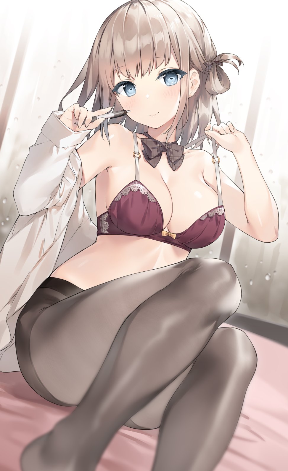 1girl bare_arms bare_shoulders blue_eyes bow bowtie bra breasts brown_hair grey_legwear hair_rings hands_up head_tilt highres holding knees_up long_sleeves looking_at_viewer medium_breasts medium_hair open_clothes open_shirt original pantyhose pen red_bra shirt sitting smile solo sora_72-iro underwear white_shirt