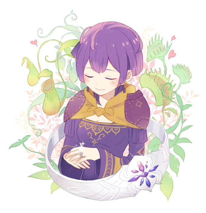 1girl bernadetta_von_varley closed_eyes closed_mouth earrings fire_emblem fire_emblem:_three_houses jewelry long_sleeves plant purple_hair ring smile solo tefutene upper_body venus_flytrap