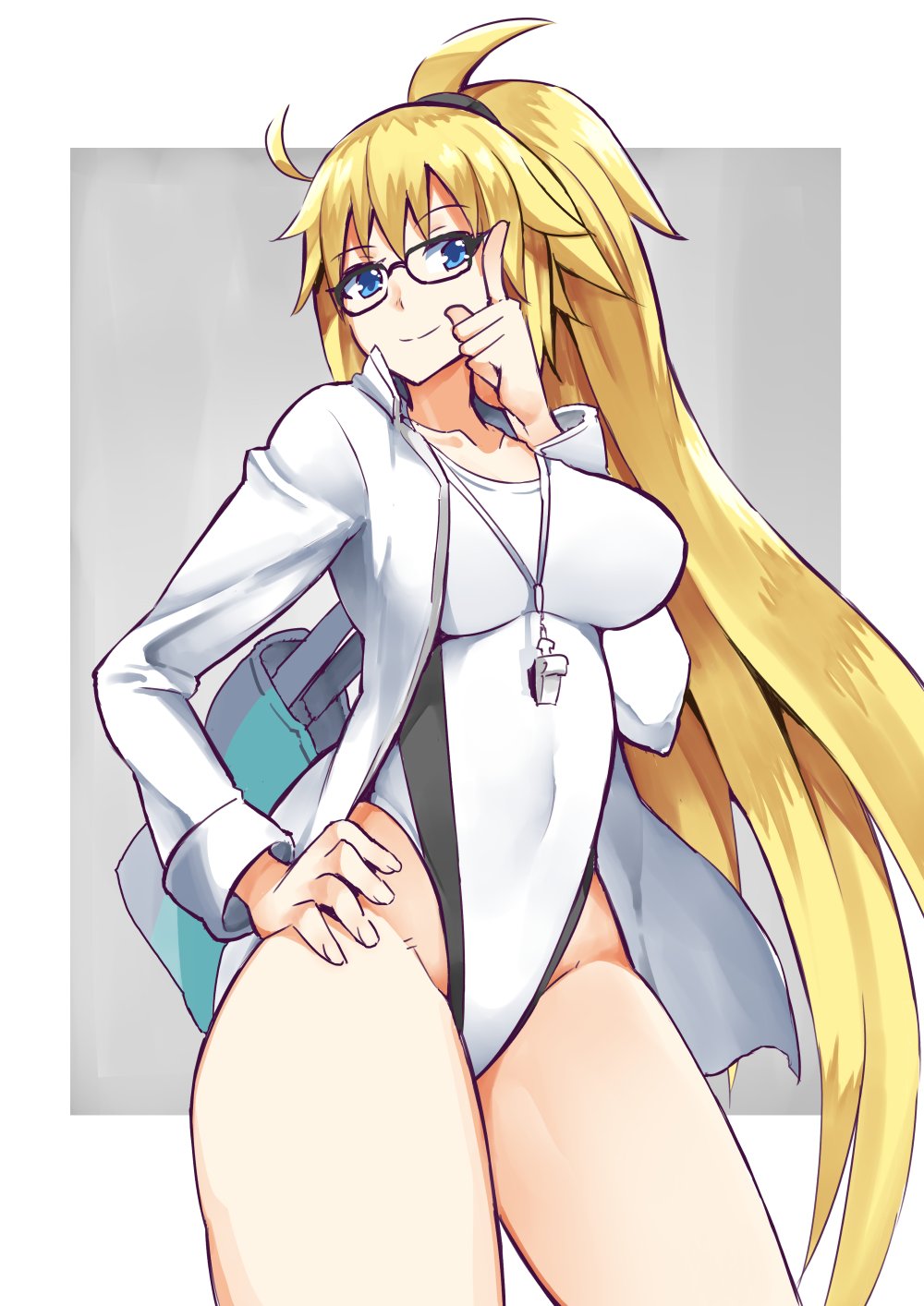 1girl blonde_hair blue_eyes breasts closed_mouth collarbone fate/grand_order fate_(series) glasses groin highres jeanne_d'arc_(fate)_(all) jeanne_d'arc_(swimsuit_archer) large_breasts long_hair looking_at_viewer nac000 ponytail simple_background smile solo swimsuit very_long_hair whistle