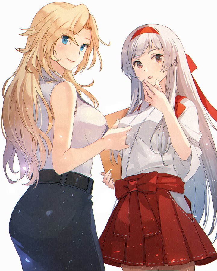 2girls belt black_belt black_skirt blonde_hair blue_eyes brown_eyes closed_mouth cowboy_shot hakama hakama_skirt headband hornet_(kantai_collection) japanese_clothes kantai_collection kasumi_(skchkko) long_hair multiple_girls open_mouth pencil_skirt red_hakama red_headband shirt shoukaku_(kantai_collection) skirt sleeveless sleeveless_shirt smile tasuki white_hair white_shirt