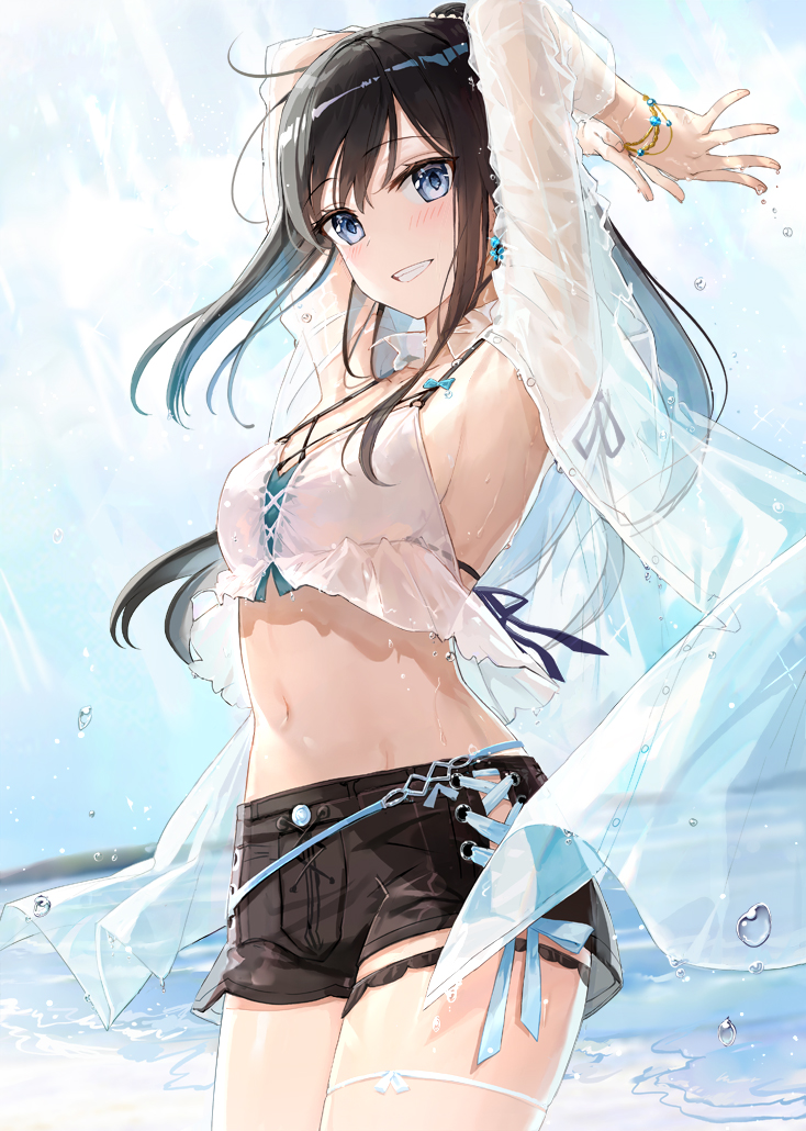 1girl :d armpits arms_up bikini bikini_under_clothes black_shorts blue_bow blue_eyes blue_hair blurry blurry_background blush bow bracelet breasts cowboy_shot day depth_of_field earrings fuumi_(radial_engine) glint grin jewelry light_rays long_hair looking_at_viewer medium_breasts midriff multicolored_hair navel ocean open_clothes open_mouth open_shirt original outdoors own_hands_together ponytail see-through shirt short_shorts shorts sidelocks smile solo stomach sunbeam sunlight swimsuit teeth thigh_strap thighs two-tone_hair unbuttoned unbuttoned_shirt water water_drop wet wet_clothes wet_shirt white_bikini white_shirt