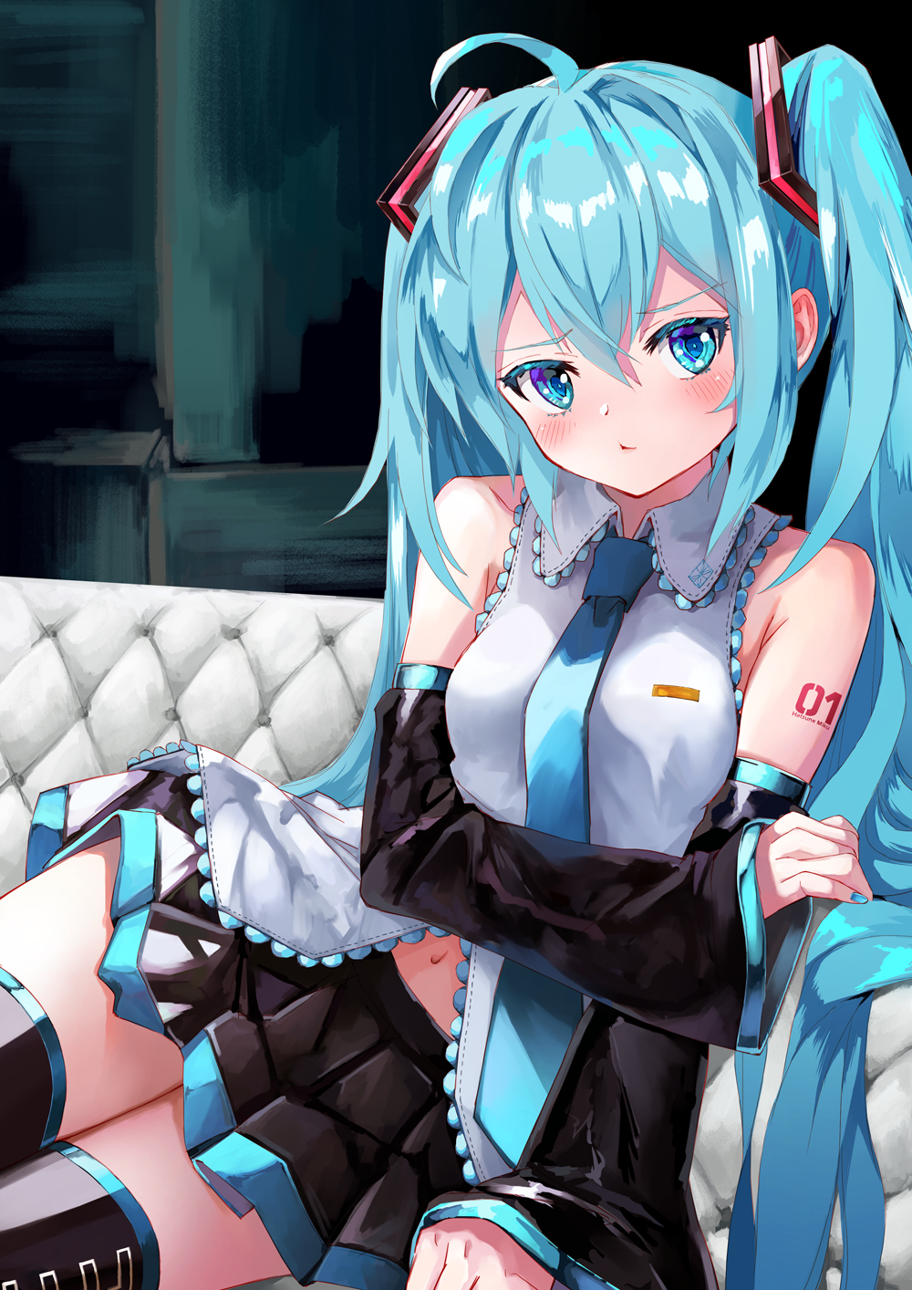 1girl ahoge bangs bare_shoulders black_legwear blue_eyes blue_hair blue_nails blue_neckwear blush breasts closed_mouth collared_shirt couch detached_sleeves hair_between_eyes hair_ornament hatsune_miku highres indoors long_hair looking_at_viewer lying midriff_peek miniskirt nail_polish navel necktie shirt skirt sleeveless sleeves_past_wrists small_breasts solo takepon1123 thigh-highs twintails very_long_hair vocaloid zettai_ryouiki