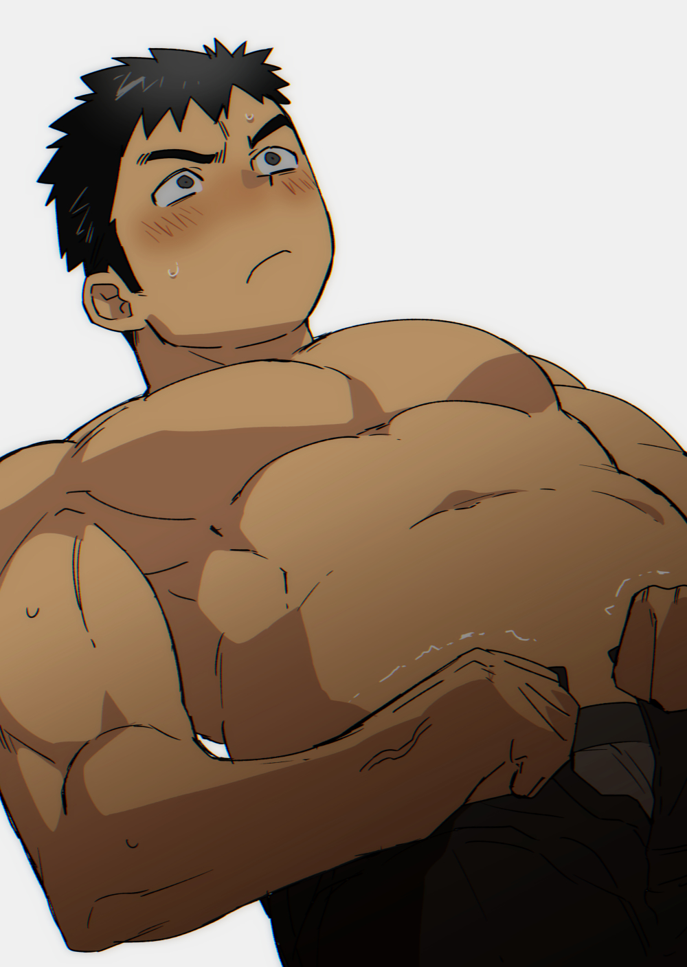 1boy bara black_eyes black_hair blush chest highres male_focus muscle navel nervous nipples open_pants original pectorals shirtless short_hair simple_background solo st05254 toned toned_male underwear_peek white_background