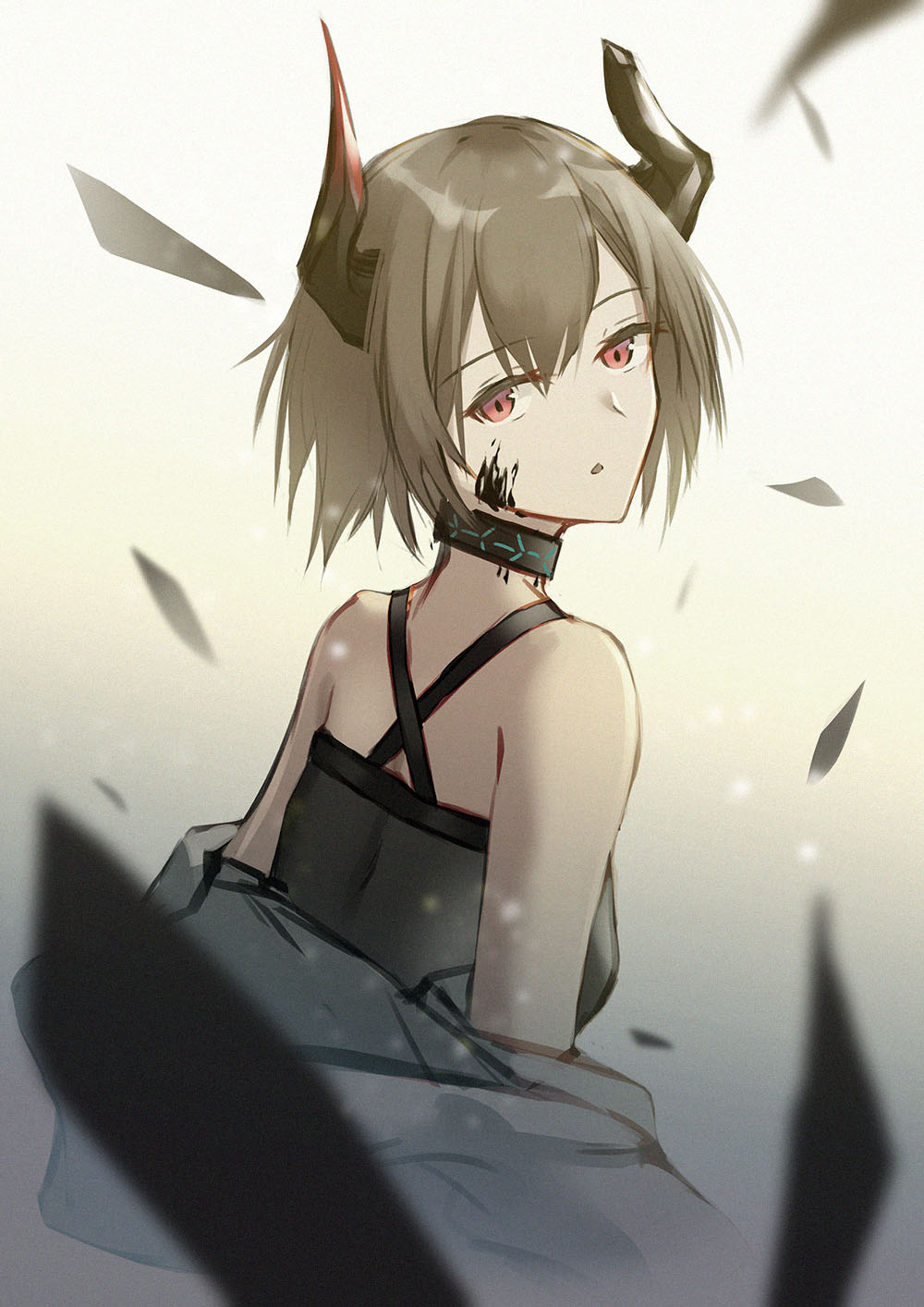 1girl arknights bangs bare_shoulders black_choker choker eyebrows_visible_through_hair from_behind gradient gradient_background grey_background grey_hair head_tilt highres horns lodbyy looking_at_viewer looking_back oripathy_lesion_(arknights) parted_lips red_eyes short_hair solo upper_body vulcan_(arknights)