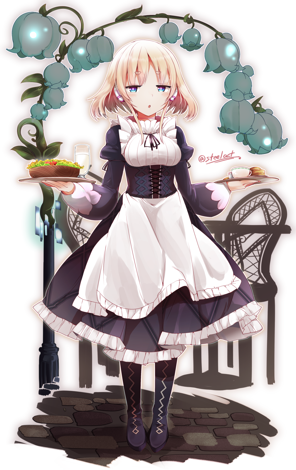 1girl apron black_dress black_footwear black_ribbon blonde_hair blue_eyes blue_flower boots breasts cup dress drinking_glass flower food frilled_apron frilled_dress frills full_body highres holding holding_tray juliet_sleeves knee_boots long_hair long_sleeves looking_at_viewer maid milk neck_ribbon nijou_katame original puffy_sleeves ribbon robot_ears short_eyebrows small_breasts solo standing teacup thick_eyebrows tray twitter_username waist_apron white_apron