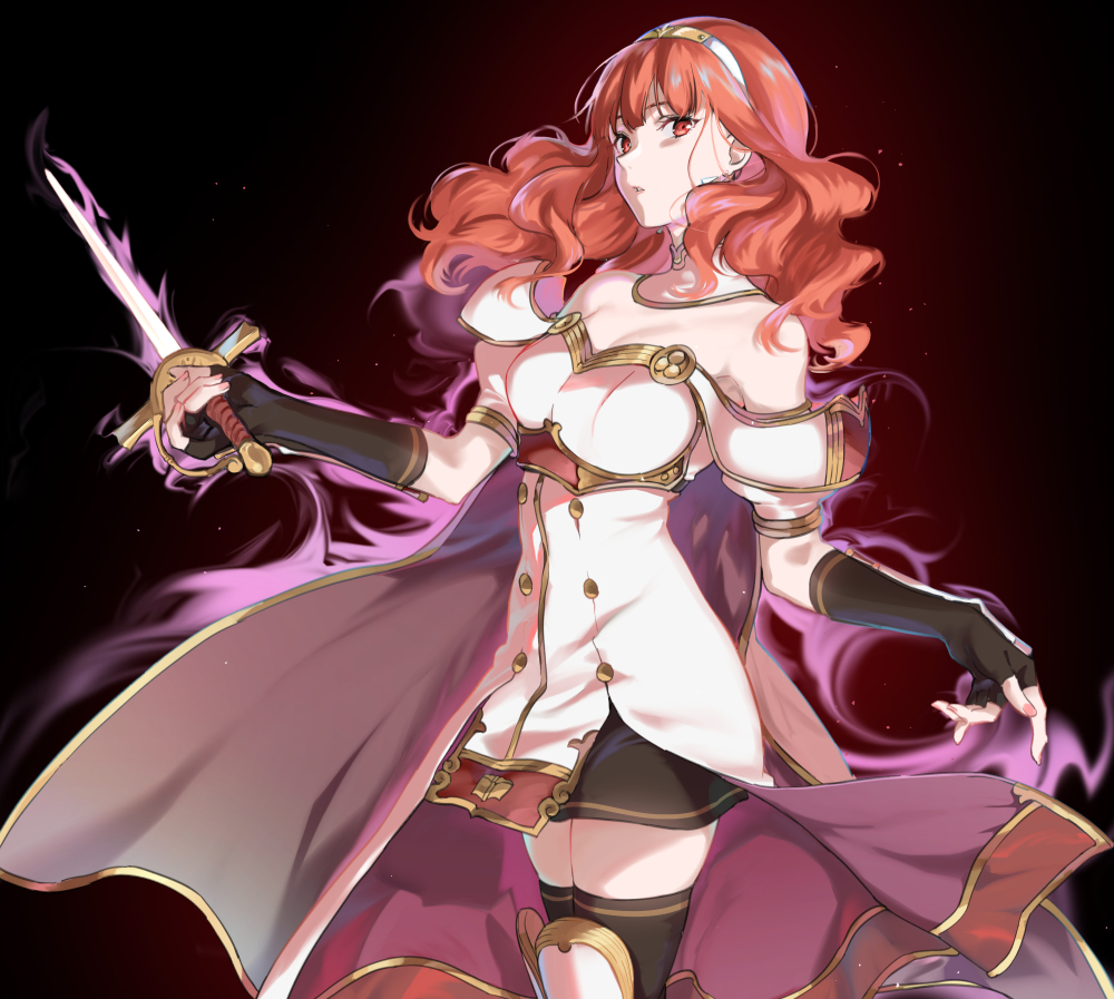 1girl aura black_gloves cape celica_(fire_emblem) dark_aura dress fingerless_gloves fire_emblem fire_emblem_echoes:_shadows_of_valentia gloves hairband holding holding_sword holding_weapon long_hair misu_kasumi parted_lips red_eyes redhead simple_background solo sword thigh-highs weapon