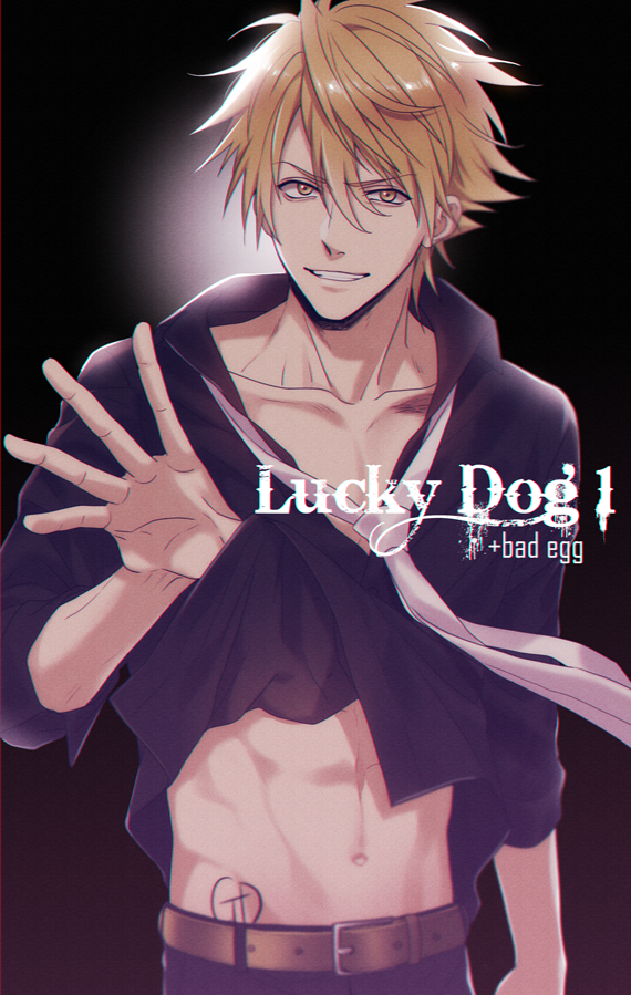 1boy backlighting belt black_shirt blonde_hair collared_shirt commentary_request giancarlo_bourbon_del_monte gradient gradient_background grey_neckwear lifted_by_self looking_at_viewer loose_necktie lucky_dog_1 male_focus mashima_shima midriff navel necktie parted_lips shiny shiny_hair shirt shirt_lift short_hair smile solo toned upper_body yellow_eyes