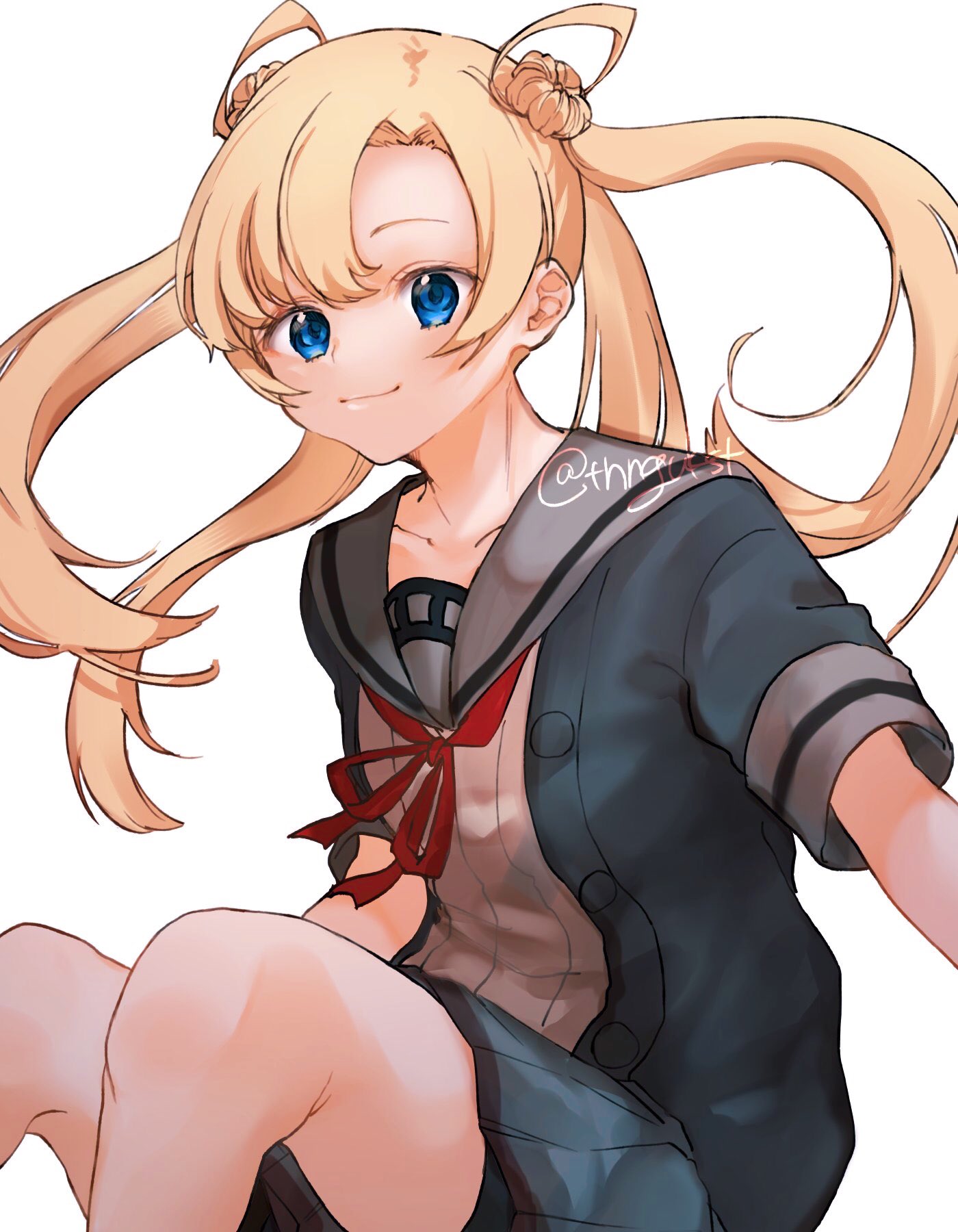 1girl abukuma_(kantai_collection) bike_shorts black_jacket blonde_hair blue_eyes double_bun grey_sailor_collar grey_skirt hair_between_eyes hair_rings highres jacket kantai_collection long_hair looking_at_viewer neck_ribbon pleated_skirt red_ribbon remodel_(kantai_collection) ribbon sailor_collar school_uniform serafuku short_sleeves shorts shorts_under_skirt simple_background sitting skirt smile solo tsunonigau white_background