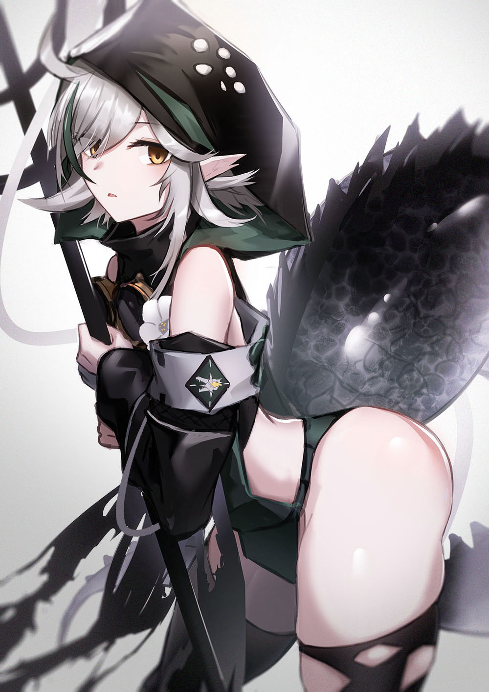 1girl arknights bangs bare_shoulders brown_eyes commentary_request cowboy_shot crocodilian_tail flower grey_background highres holding holding_staff hood large_tail lodbyy long_sleeves looking_at_viewer parted_lips pointy_ears short_hair silver_hair simple_background solo staff tail thighs tomimi_(arknights) white_flower