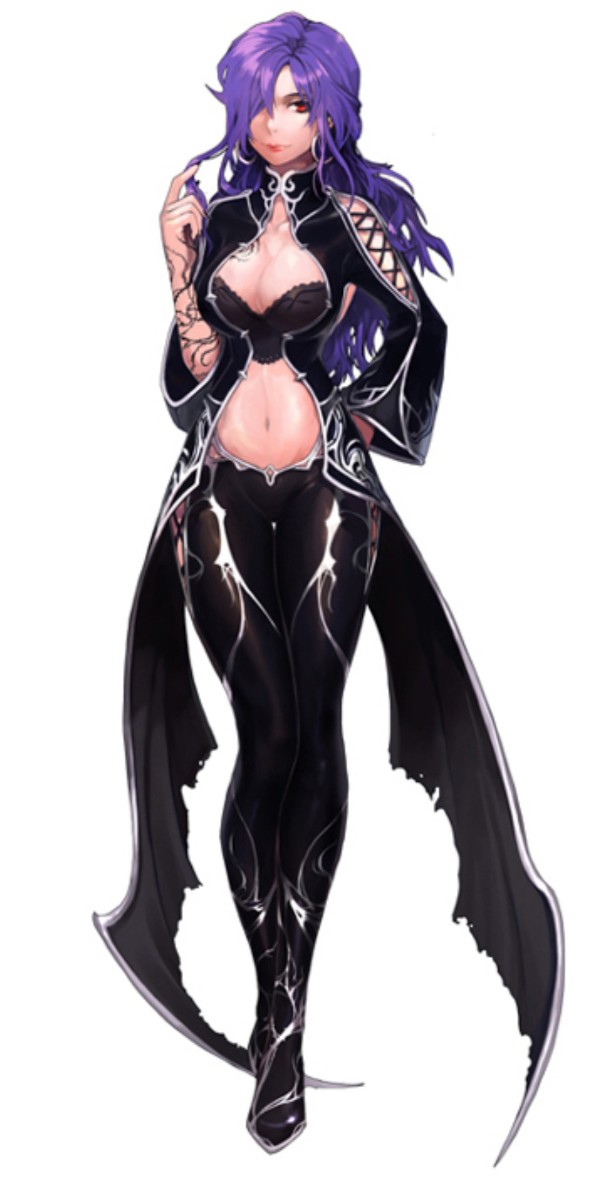 1girl black_outfit breasts cleavage inotia_4:_assassin_of_berkel large_breasts long_hair looking_at_viewer midriff navel official_art portia_(inotia) purple_hair red_eyes smile stomach touching_hair