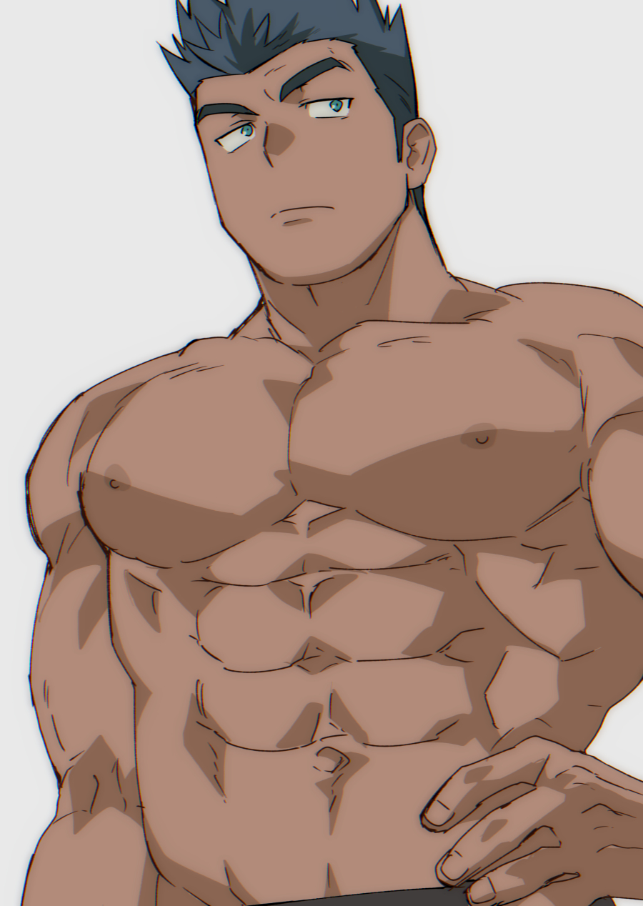 1boy abs bara blush chest collarbone dark_skin dark_skinned_male green_eyes green_hair hand_on_hip highres male_focus muscle navel nipples original pectorals shirtless short_hair simple_background solo spiky_hair st05254 toned toned_male upper_body