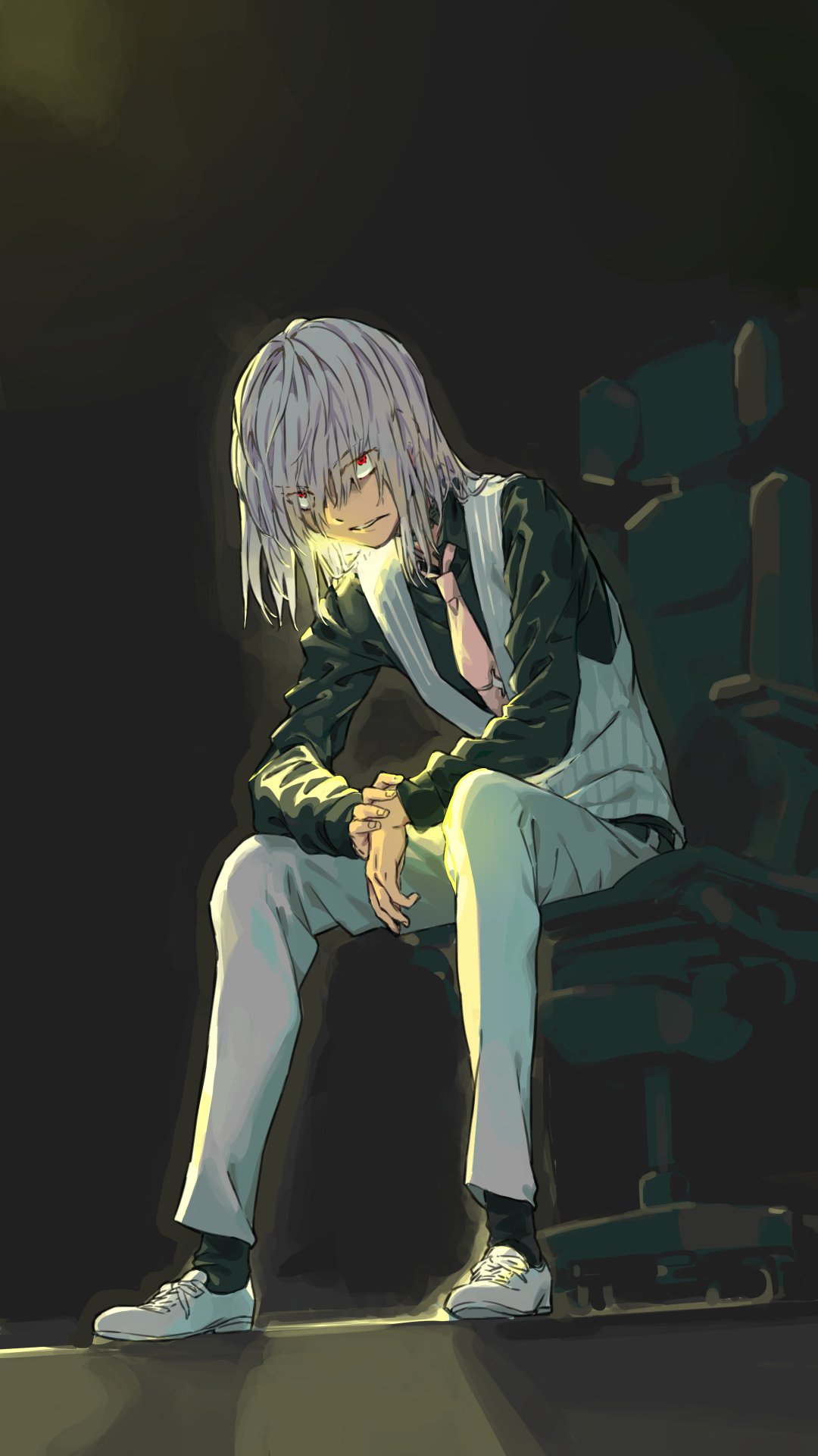 accelerator alternate_costume arms_on_knees bangs belt black_background black_legwear black_shirt chair commentary_request dress_shirt elbows_on_knees eyes_visible_through_hair full_body haimura_kiyotaka highres indoors leaning_forward looking_at_viewer medium_hair necktie office_chair on_chair pants pink_neckwear red_eyes shadow shirt shoes sitting striped striped_vest to_aru_majutsu_no_index to_aru_majutsu_no_index:_genesis_testament vertical_stripes vest white_footwear white_hair white_pants wing_collar