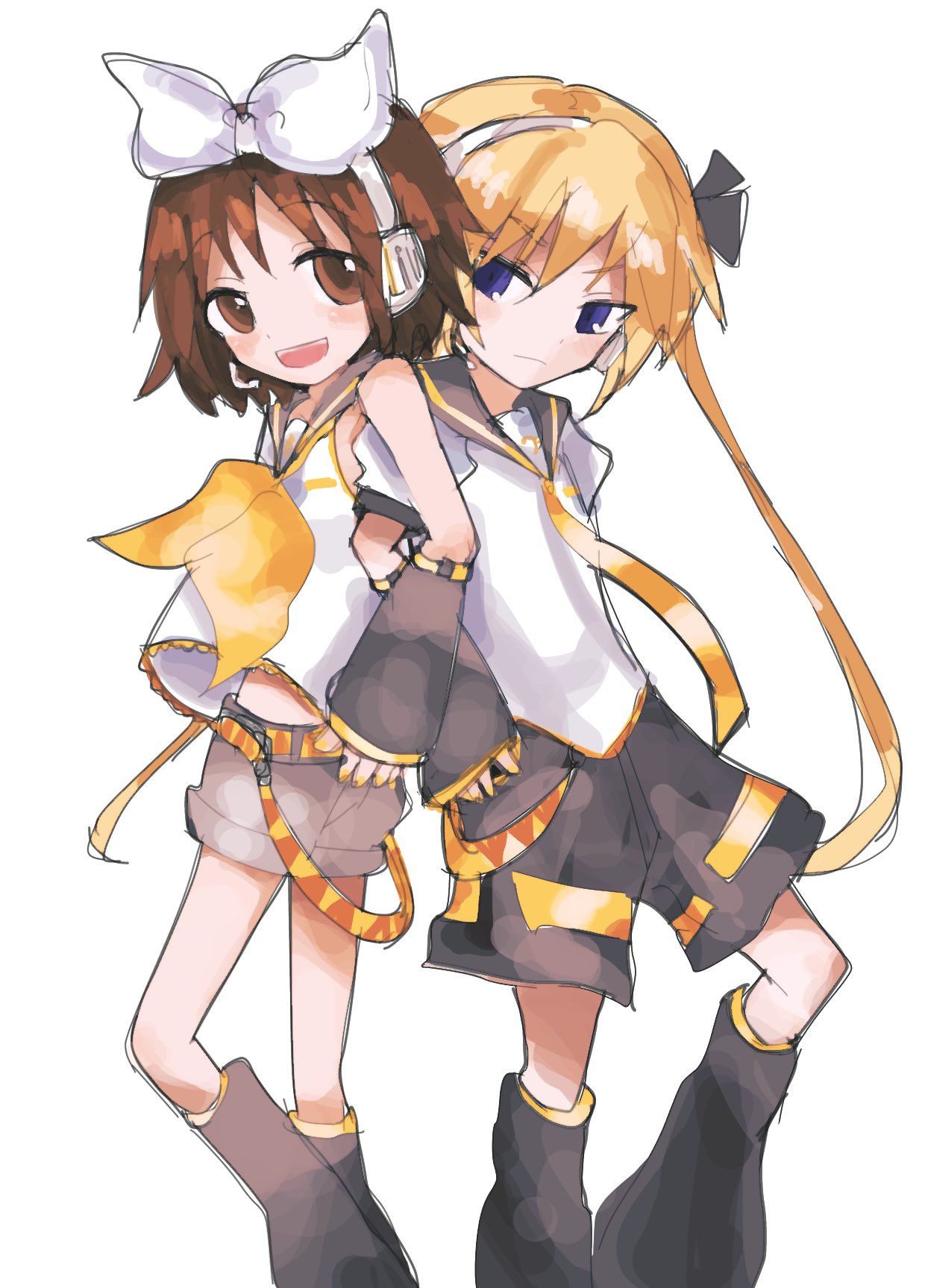 2girls arm_warmers back-to-back blonde_hair bow brown_hair cosplay detached_sleeves hair_bow headphones headset highres kagamine_len kagamine_len_(cosplay) kagamine_rin kagamine_rin_(cosplay) kill_me_baby leg_warmers locked_arms long_hair midriff midriff_peek multiple_girls neckerchief necktie open_mouth oribe_yasuna sailor_collar short_hair shorts sonya_(kill_me_baby) twintails violet_eyes vocaloid white_background white_bow yellow_neckwear