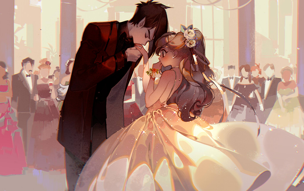 1boy 1girl bangs bare_shoulders brown_eyes brown_hair celebration closed_eyes commentary_request dress earrings faceless faceless_female faceless_male flower glint hair_flower hair_ornament hair_ribbon hand_kiss hand_to_own_mouth height_difference hetero holding_hands indoors jewelry kawacy kiss long_hair original party pointy_ears ponytail ribbon short_hair strapless strapless_dress stud_earrings suit_jacket tuxedo white_dress wrist_flower