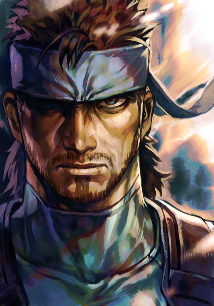 1boy bandana beard blue_bodysuit blue_headband bodysuit brown_hair closed_mouth face facial_hair hankuri headband hankuri looking_at_viewer male_focus manly metal_gear_(series) metal_gear_solid mullet mustache portrait serious shaded_face simple_background sneaking_suit solid_snake solo spiky_hair