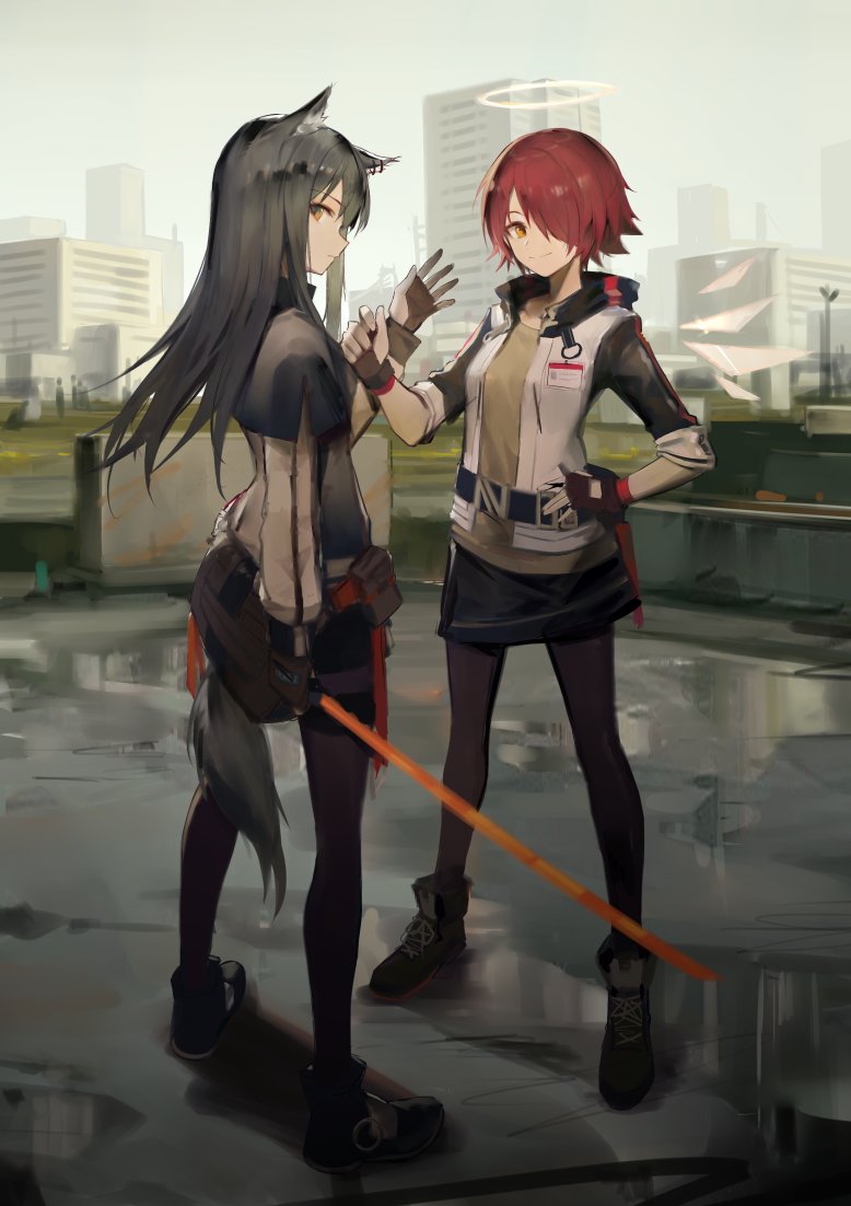2girls animal_ear_fluff animal_ears arknights bangs black_capelet black_hair black_legwear brown_eyes capelet commentary energy_wings exusiai_(arknights) fingerless_gloves gloves hair_over_one_eye halo hand_on_hip holding holding_sword holding_weapon huanxiang_heitu id_card jacket long_hair long_sleeves looking_at_viewer looking_back multiple_girls open_clothes open_jacket pantyhose raglan_sleeves redhead short_hair smile standing sword symbol_commentary tail texas_(arknights) weapon white_jacket wolf_ears wolf_tail