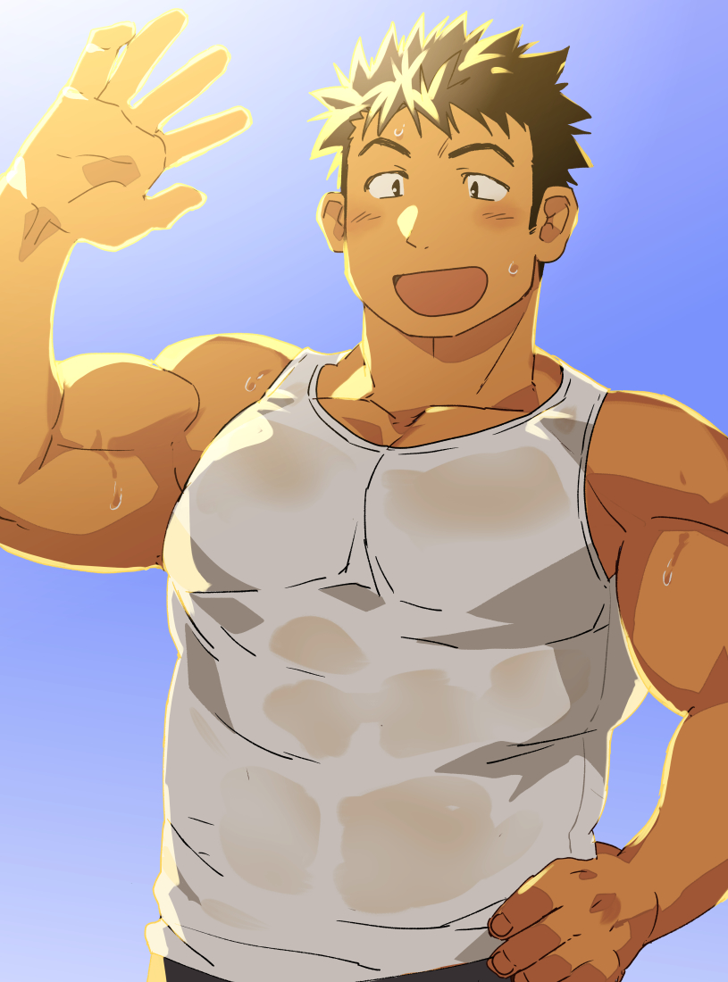 1boy bara blush brown_eyes brown_hair chest gradient gradient_background hand_on_hip male_focus muscle open_mouth original pants pectorals see-through short_hair solo st05254 sunlight sweat tank_top toned toned_male upper_body waving white_tank_top