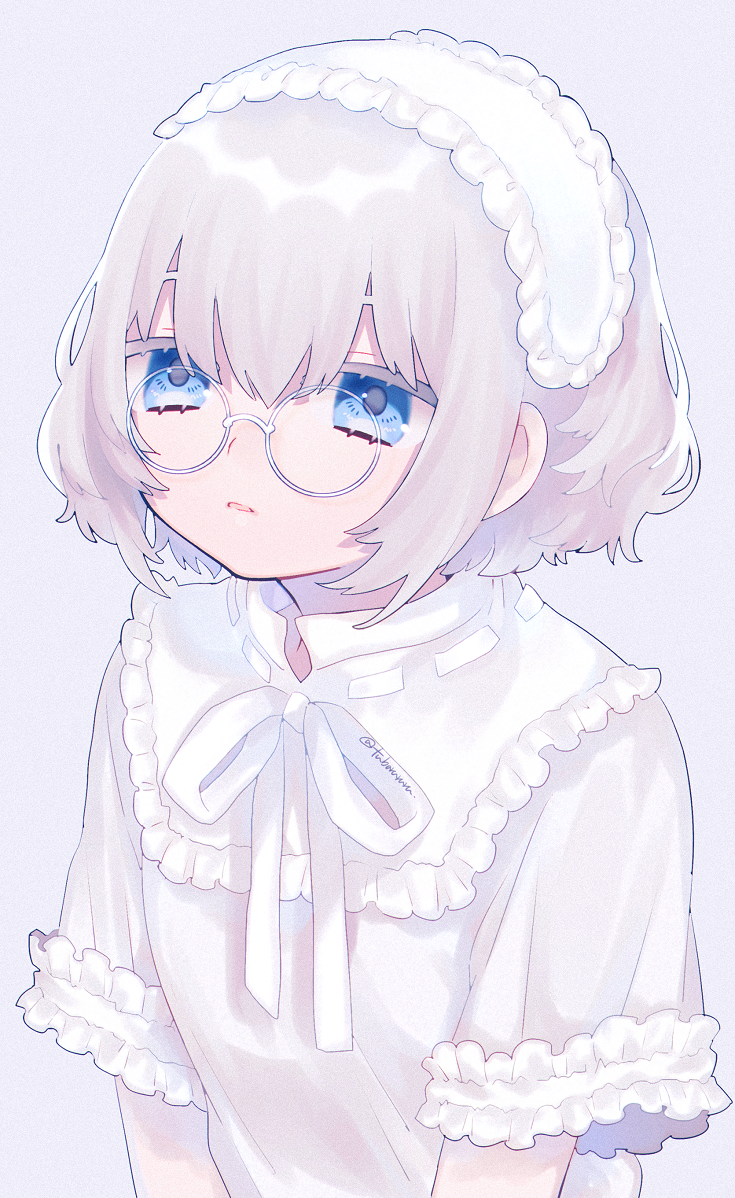 1girl blue_eyes collar collared_shirt expressionless frilled_collar frilled_sleeves frills glasses grey_background hair_between_eyes hairband lolita_hairband original ribbon ribbon-trimmed_collar ribbon_trim round_eyewear shirt short_hair short_sleeves signature tsubaki_tsubaru white_hair white_ribbon