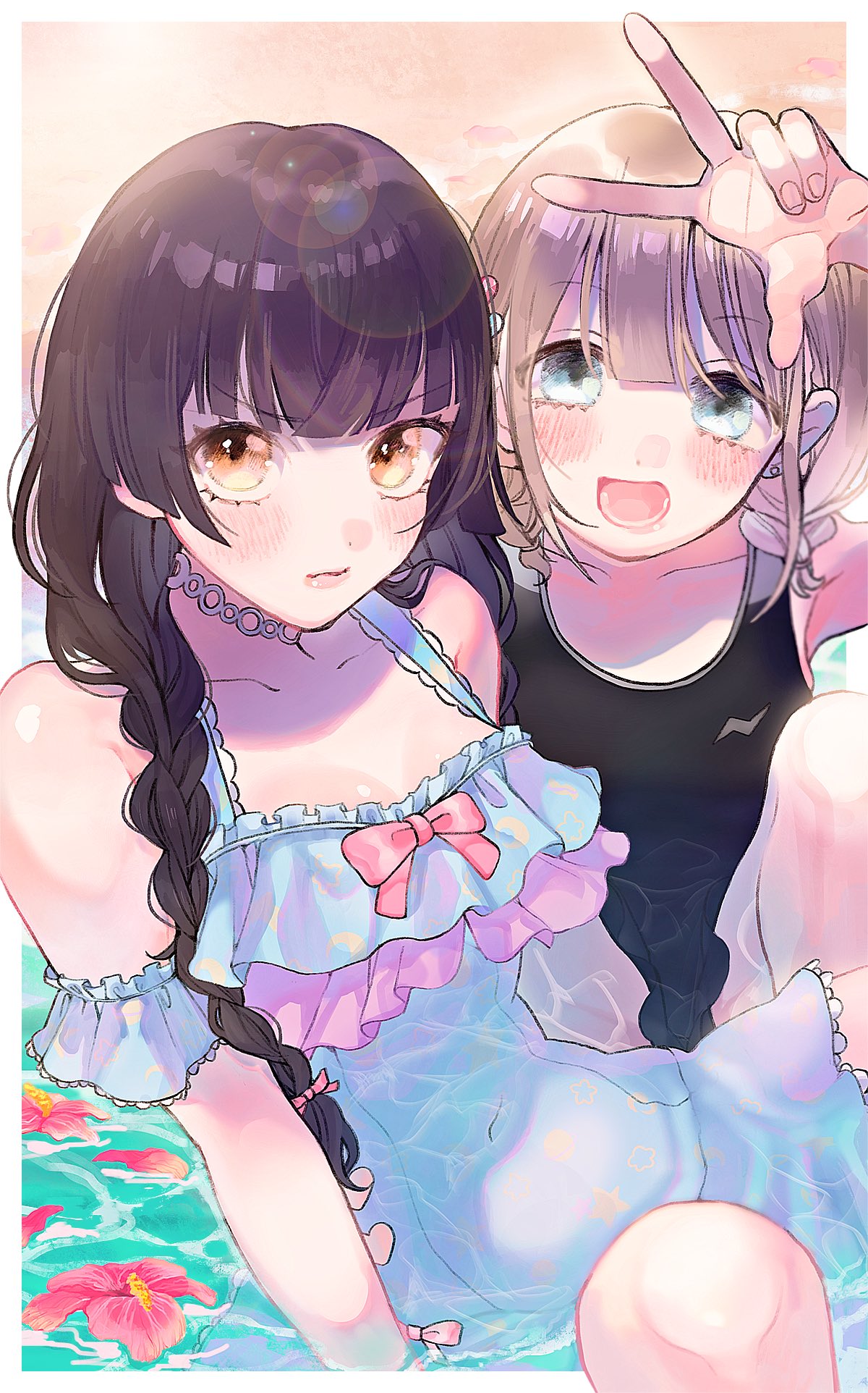 2girls artist_request bangs bare_shoulders black_hair blue_eyes blunt_bangs blush braid brown_eyes collarbone commentary covered_navel earrings frilled_swimsuit frills hair_ornament hairclip highres idolmaster idolmaster_shiny_colors jewelry light_brown_hair long_hair looking_at_viewer low_twintails mayuzumi_fuyuko multiple_girls one-piece_swimsuit open_mouth outdoors serizawa_asahi short_hair short_twintails swimsuit twilight twin_braids twintails v water