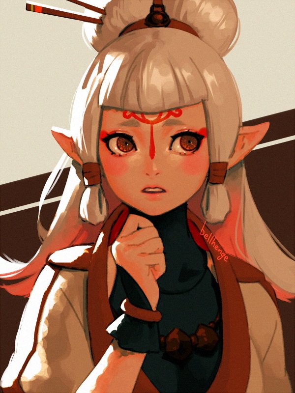 bangs beige_background bellhenge blush brown_background chopsticks eyeliner facepaint fingerless_gloves gloves hair_bun hand_on_own_chin jewelry makeup necklace pale_skin paya_(zelda) pointy_ears red_eyes shoulder_pads simple_background the_legend_of_zelda the_legend_of_zelda:_breath_of_the_wild tied_hair turtleneck updo upper_body white_hair worried