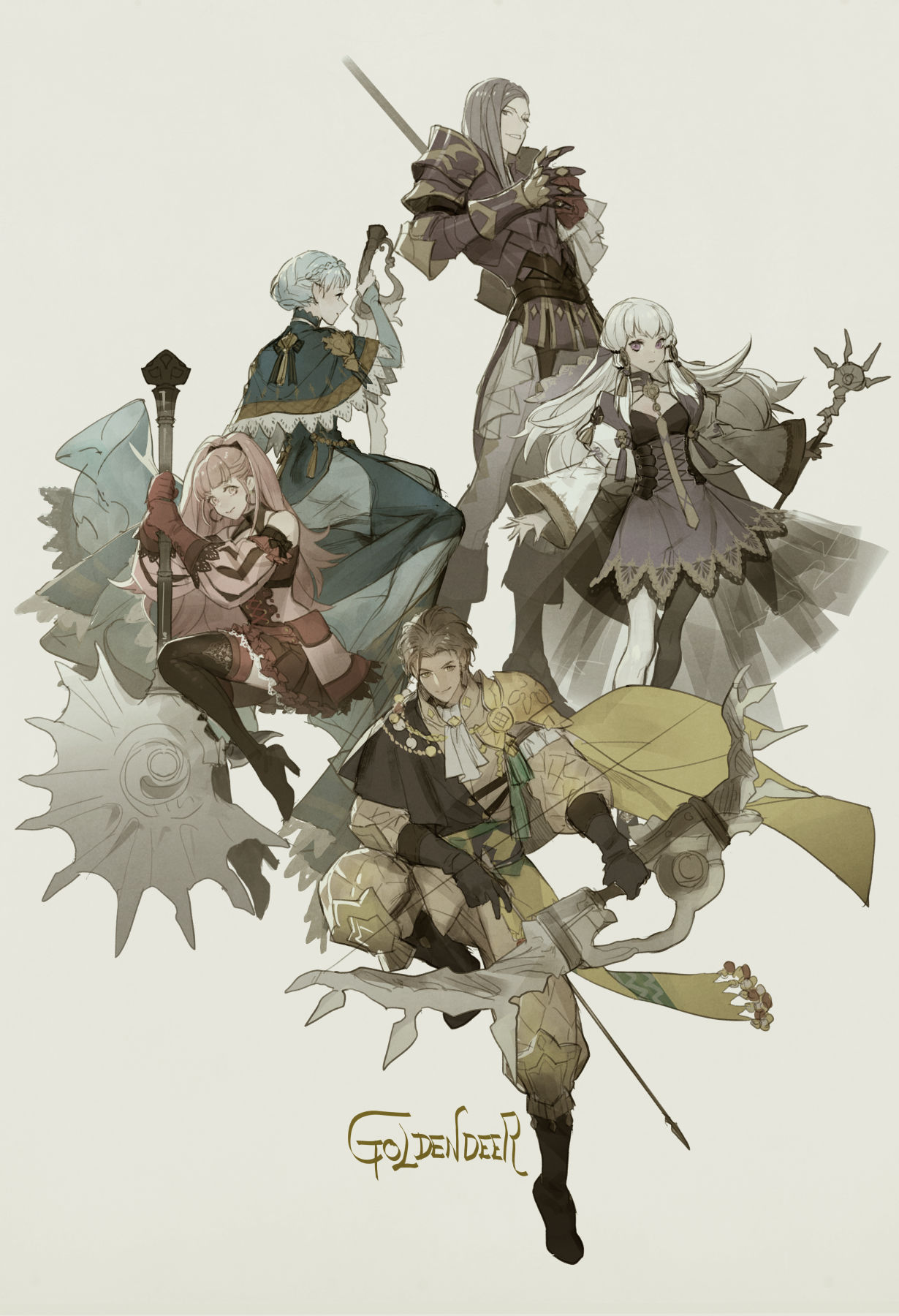 2boys 3girls armor arrow_(projectile) asymmetrical_hair axe black_gloves black_legwear blue_capelet blue_dress boots bow_(weapon) braid breasts brown_hair cape capelet claude_von_riegan closed_mouth coat commentary corset detached_sleeves dress earrings failnaught_(fire_emblem) fire_emblem fire_emblem:_three_houses freikugel_(weapon) french_braid full_body gauntlets gloves grey_background highres hilda_valentine_goneril holding holding_axe holding_bow_(weapon) holding_staff holding_sword holding_weapon hoop_earrings jewelry light_blue_hair long_hair looking_at_viewer lorenz_hellman_gloucester lysithea_von_ordelia marianne_von_edmund medium_breasts medium_hair multiple_boys multiple_girls neckerchief p-nekor pants pink_dress pink_hair polearm purple_dress purple_hair red_gloves short_dress short_hair shoulder_armor sidelocks silver_hair simple_background smile staff sword thigh-highs thighs weapon wide_sleeves yellow_cape zettai_ryouiki