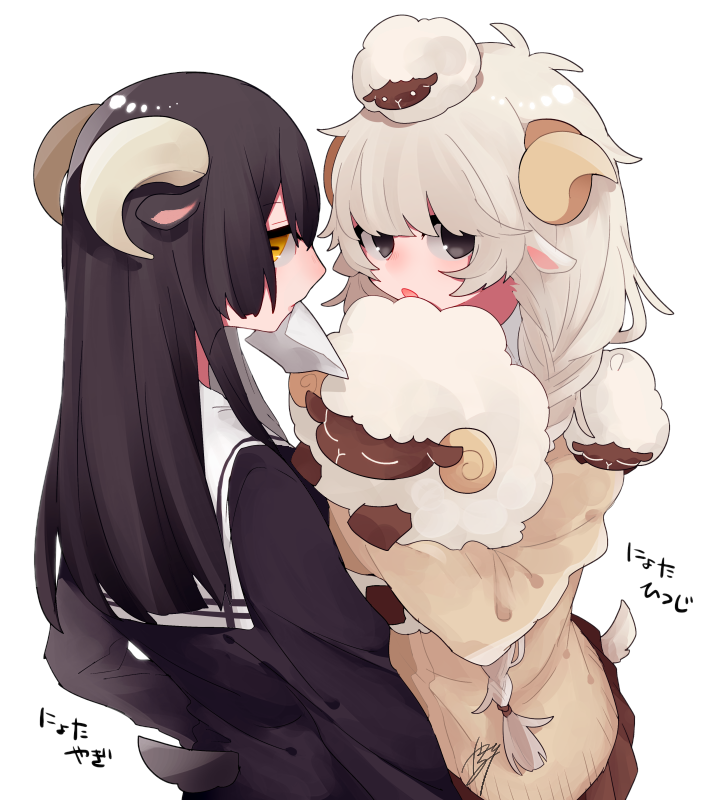 2girls animal_ears black_eyes black_hair black_serafuku blonde_hair braid brown_skirt brown_sweater from_behind genderswap genderswap_(mtf) goat_boy_(tsubaki_tsubara) goat_ears goat_girl goat_horns goat_tail holding holding_stuffed_toy horizontal_pupils horns letter long_hair long_sleeves looking_back multiple_girls open_mouth original pleated_skirt sailor_collar school_uniform serafuku sheep sheep_boy_(tsubaki_tsubara) sheep_ears sheep_girl sheep_horns sheep_tail shirt sidelocks signature skirt stuffed_animal stuffed_sheep stuffed_toy sweater tail tsubaki_tsubaru twin_braids white_sailor_collar white_shirt yellow_eyes