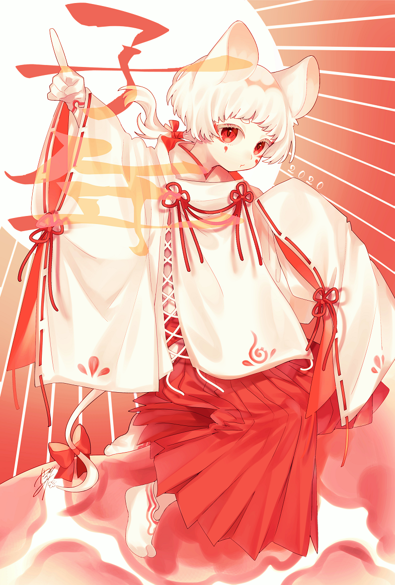 1boy 2020 animal_ears bow chinese_zodiac facepaint japanese_clothes low_ponytail mouse_boy mouse_ears mouse_tail original pointing red_eyes short_hair signature sunburst sunburst_background tagme tail tail_bow tsubaki_tsubaru white_hair wide_sleeves year_of_the_rat