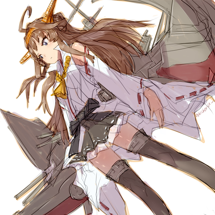 1girl ahoge alchera boots brown_hair detached_sleeves double_bun dutch_angle feet_out_of_frame grey_skirt hairband hakama_skirt headgear kantai_collection kongou_(kantai_collection) long_hair looking_to_the_side machinery popped_collar remodel_(kantai_collection) ribbon-trimmed_sleeves ribbon_trim simple_background skirt solo standing thigh-highs thigh_boots white_background