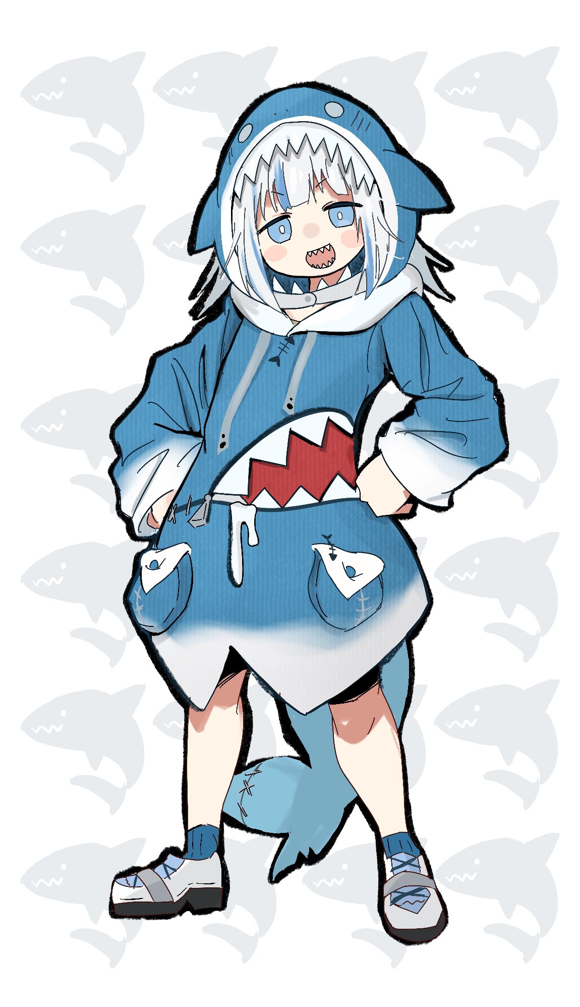 1girl :d blue_eyes blue_footwear blue_hair blue_hoodie blush blush_stickers commentary fangs flat_chest full_body gawr_gura hands_on_hips highres hololive hololive_english looking_at_viewer muku_(d4uydnvxygxewu3) multicolored_hair open_mouth patterned_background shark shark_hood sharp_teeth shoes short_hair silver_hair simple_background smile socks solo standing streaked_hair tail teeth two-tone_hair virtual_youtuber white_footwear