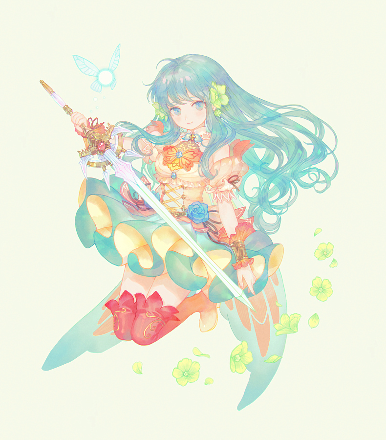 1girl aqua_hair blue_eyes boots closed_mouth eirika_(fire_emblem) eotyq58d6do16cs fire_emblem fire_emblem:_the_sacred_stones fire_emblem_heroes flower full_body hair_flower hair_ornament holding holding_sword holding_weapon long_hair petals smile solo sword thigh-highs thigh_boots weapon