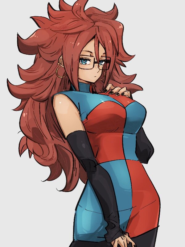 1girl android_21 black-framed_eyewear black_nails breasts checkered checkered_dress closed_mouth detached_sleeves dragon_ball dragon_ball_fighterz dress earrings glasses grey_background hair_between_eyes hoop_earrings jewelry kemachiku long_hair looking_at_viewer medium_breasts nail_polish redhead simple_background solo