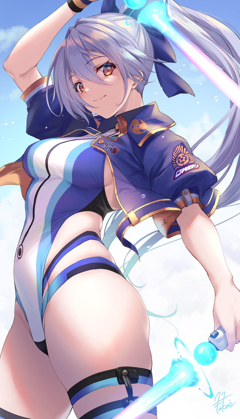 1girl bangs blue_bow blue_jacket blue_swimsuit blush bow breasts dual_wielding energy_sword fate/grand_order fate_(series) fukai_ryosuke hair_between_eyes hair_bow highleg highleg_swimsuit highres holding jacket large_breasts long_hair looking_at_viewer one-piece_swimsuit ponytail red_eyes short_sleeves silver_hair smile solo swimsuit sword thighs tomoe_gozen_(fate/grand_order) tomoe_gozen_(swimsuit_saber)_(fate) two-tone_swimsuit weapon white_swimsuit