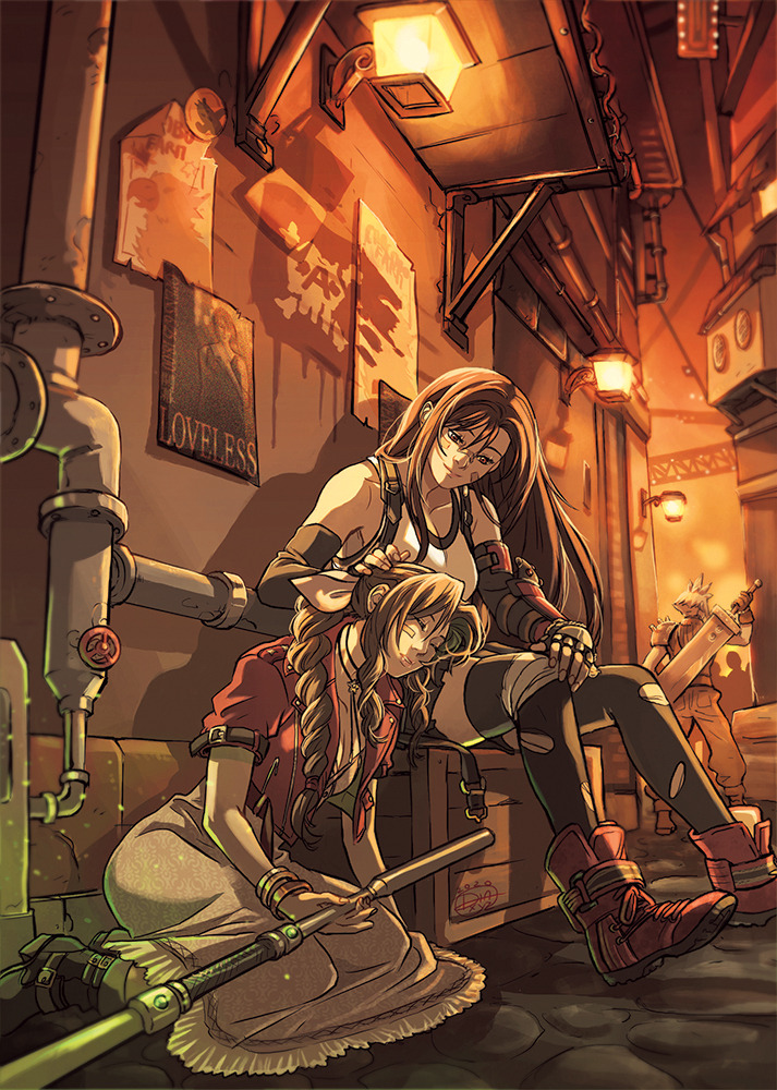 1boy 2girls aerith_gainsborough alley arm_guards bandages bandaid bandaid_on_face black_legwear box braid braided_ponytail buster_sword cloud_strife crop_top cropped_jacket diana_mercolini dress elbow_gloves final_fantasy final_fantasy_vii final_fantasy_vii_remake fingerless_gloves gloves hand_on_another's_head jacket looking_at_another materia multiple_girls night pink_dress red_jacket sitting sleeping smile spiky_hair staff suspenders sword tank_top thigh-highs tifa_lockhart torn_clothes torn_legwear weapon weapon_on_back