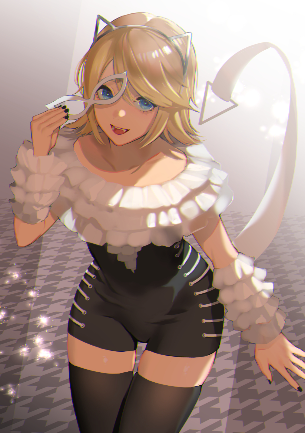 1girl animal_ears black_legwear black_nails blonde_hair blue_eyes cat_ears cat_mask commentary cowboy_shot fangs frilled_cuffs frilled_shirt frills hairband highres holding holding_mask kagamine_rin leotard looking_at_viewer mask meriko nail_polish open_mouth project_diva_(series) removing_mask shirt skindentation smile solo sparkle tail thigh-highs thigh_gap vocaloid
