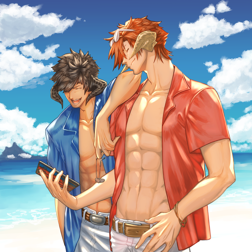 2boys abs adam's_apple arm_on_shoulder arm_rest arm_up au_ra bare_arms beach belt black_hair black_horns blue_shirt blue_sky brown_horns cellphone chest closed_eyes closed_mouth clouds collarbone collared_shirt commentary_request day dragon_horns eyewear_on_head fictional_persona final_fantasy final_fantasy_xiv gachako glasses hair_over_one_eye hand_up holding holding_eyewear holding_phone horizon horns laughing leaning_on_person male_focus multiple_boys muscle ocean open_clothes open_mouth open_shirt outdoors phone red_shirt redhead sand shirt short_hair short_sleeves sky smartphone smile stomach sunglasses upper_body water wing_collar