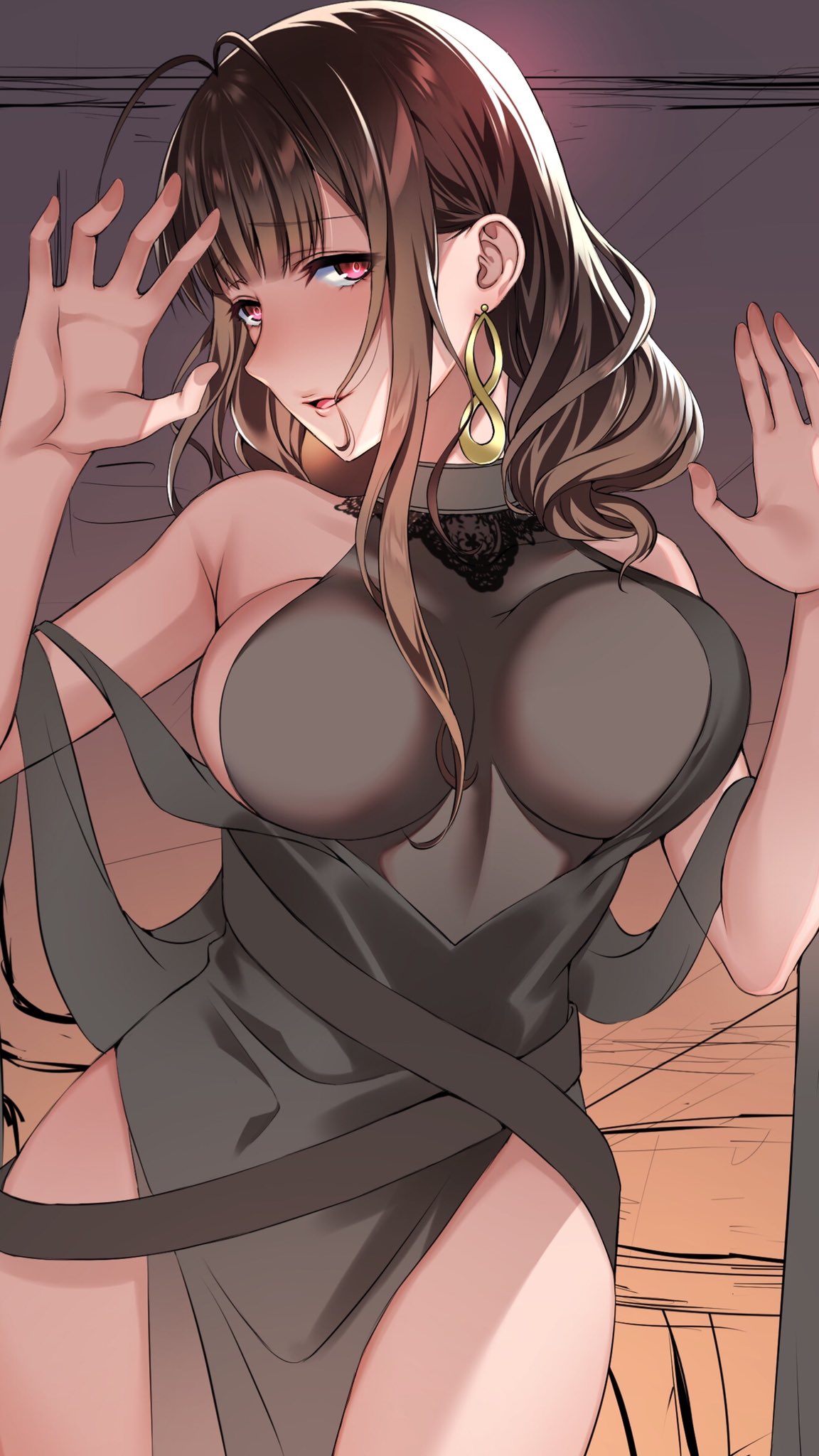 1girl :d against_glass ahoge alternate_costume bangs bare_shoulders blunt_bangs blush breast_press breasts breasts_on_glass brown_hair commentary_request dress dsr-50_(girls_frontline) earrings evening_gown eyebrows_visible_through_hair girls_frontline highres indoors jewelry large_breasts long_hair looking_at_viewer mizore_syrup open_mouth red_eyes sidelocks smile solo thighs