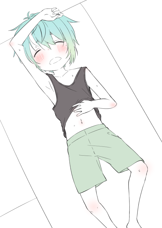 1boy blue_hair child closed_eyes commentary flushed lying male_focus navel on_back open_mouth original os_(os_fresa) shirt_lift shorts simple_background solo sweat textless white_background