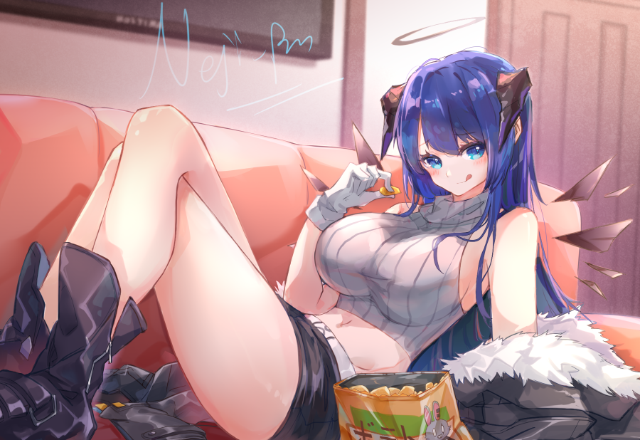 1girl :q alternate_costume arknights artist_name bare_shoulders belt black_shorts blue_eyes blue_hair blush boots breasts chips couch crop_top crossed_legs door eating food fur_collar fur_trim gloves halo jacket large_breasts licking_lips long_hair looking_at_viewer micro_shorts midriff mostima_(arknights) nejikyuu off_shoulder potato_chips reclining ribbed_shirt shirt shorts sideboob sleeveless sleeveless_shirt sleeveless_turtleneck solo thighs tongue tongue_out turtleneck white_gloves wings