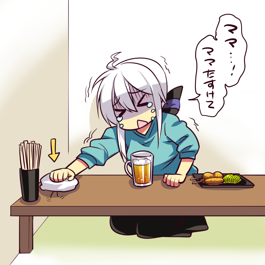 &gt;_&lt; 1girl ahoge alcohol aqua_shirt beer beer_mug black_skirt bow bug caffein chopsticks cockroach commentary crying cup food hair_bow holding holding_towel insect mug open_mouth scared shirt skirt solo striped striped_bow table towel trembling vocaloid voyakiloid wet_towel white_hair yowane_haku