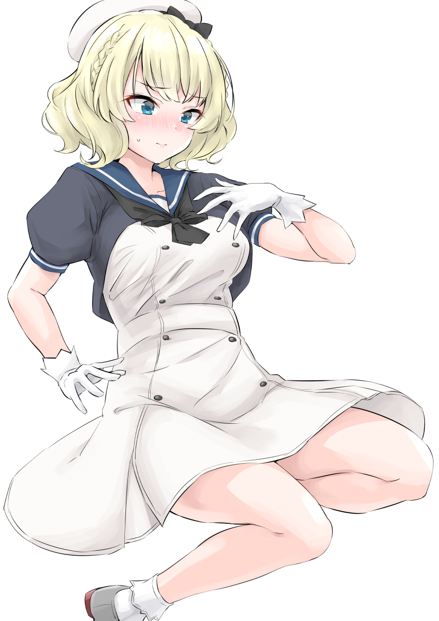 1girl black_sailor_collar blonde_hair blue_eyes blush breasts buttons closed_mouth colorado_(kantai_collection) cosplay dress eyebrows_visible_through_hair gloves highres jervis_(kantai_collection) jervis_(kantai_collection)_(cosplay) kantai_collection medium_breasts sailor_collar sailor_dress short_hair short_sleeves simple_background socks solo takomeshi white_background white_dress white_gloves white_legwear