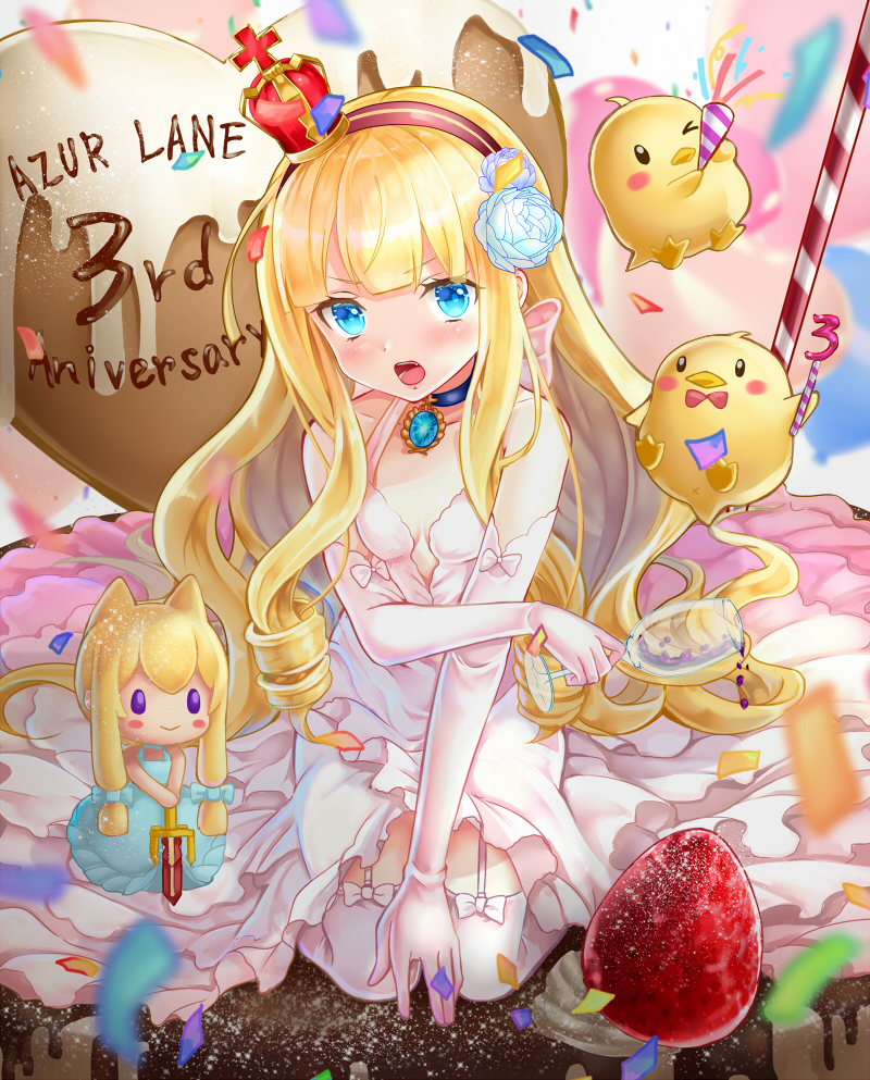 1girl alternate_costume azur_lane bird blonde_hair blue_eyes blush cake character_doll chick commentary_request crown dress flower food fruit hair_flower hair_ornament headband long_hair looking_at_viewer manjuu_(azur_lane) queen_elizabeth_(azur_lane) strawberry typo ui._(aqua_pot)