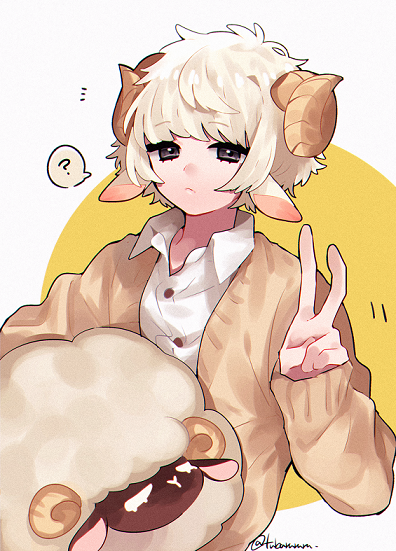 1boy :&lt; ? animal_ears bangs black_eyes blonde_hair blunt_bangs brown_sweater buttons collared_shirt curly_hair eyebrows_visible_through_hair holding holding_stuffed_toy horns original sheep sheep_boy sheep_boy_(tsubaki_tsubara) sheep_ears sheep_horns shirt short_hair signature stuffed_animal stuffed_sheep stuffed_toy sweater tsubaki_tsubaru two-tone_background v white_background white_shirt yellow_background
